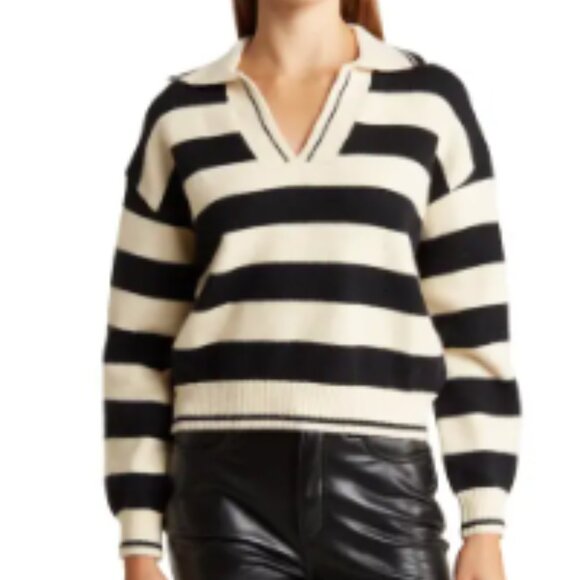FRNCH Mika Stripe Crop V-Neck Sweater Black & Cream Size L - Picture 15 of 15